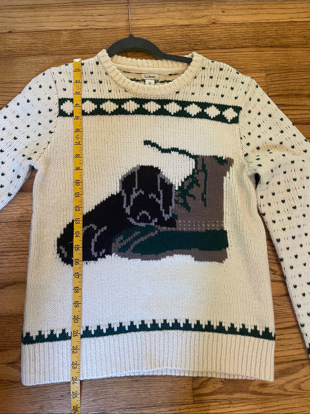 L.L. Bean Cream Crew Neck Sweater with Green Bean Boot and Brown Dog Motif - Picture 8 of 10